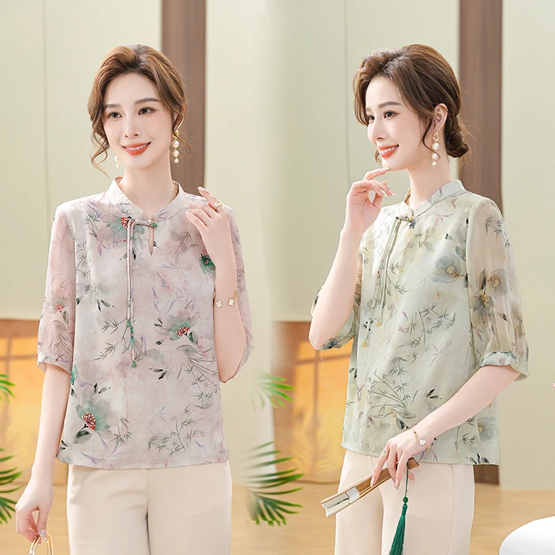妈妈夏装新中式国风小衫2024新款中年女士雪纺中袖上衣减龄气质