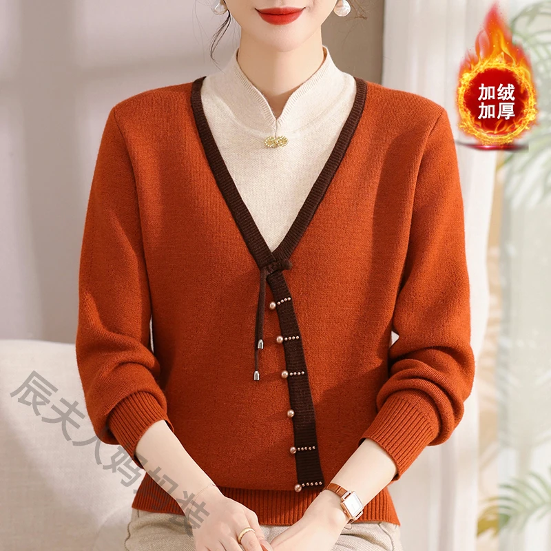 中老年妈妈装加绒加厚时尚打底衫百搭假两件秋冬新款洋气宽松长袖