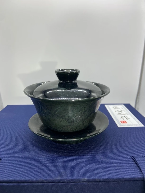 藏玉药王石盖碗茶杯茶具纯手工雕刻墨绿色冰透款工厂直销大盖碗