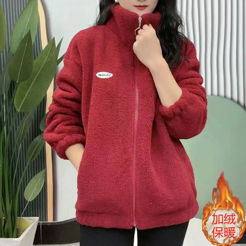 秋冬新款女士加绒加厚一体绒外套休闲减龄保暖加绒颗粒羊羔绒上衣