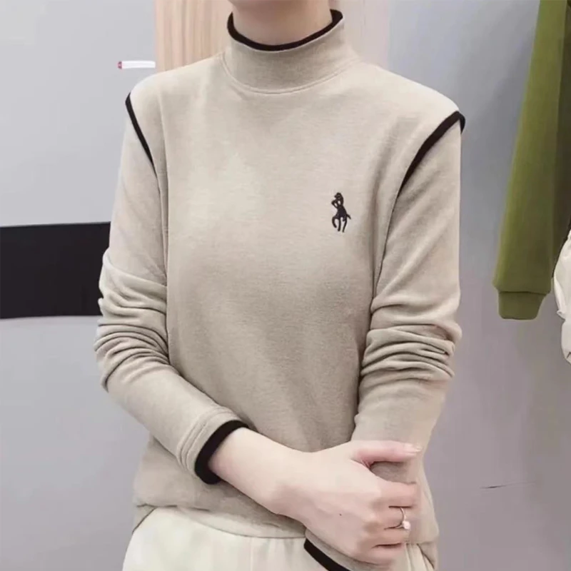 新款女装中高领磨毛打底衫2022女装洋气纯色百搭时尚德绒T恤衫