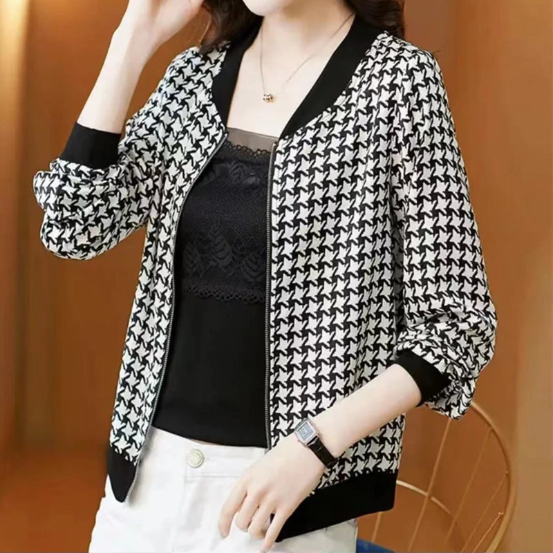 2025春夏单层薄外套防晒开衫短款百搭休闲洋气千鸟格时尚夹克衫