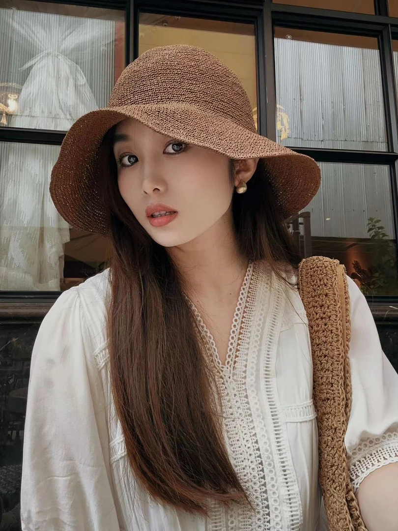 夏细勾针遮阳帽细草帽出游渔夫草帽夏款朝鲜手工草帽