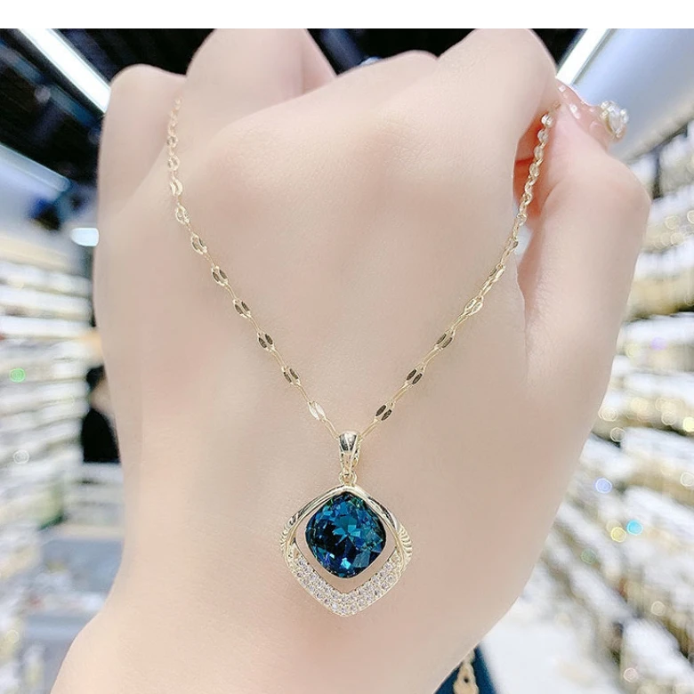轻奢蓝色项链素款精致简约气质吊坠百搭时尚 蓝色简约几何款项链