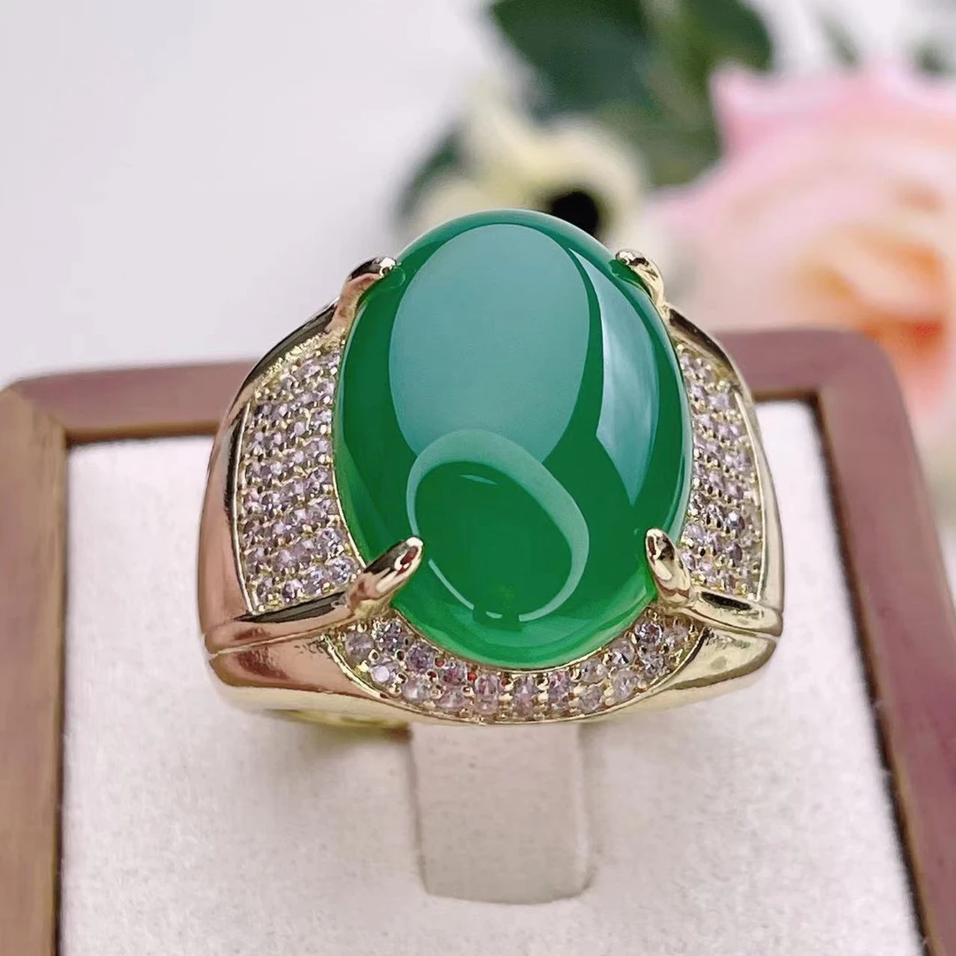 玛瑙玉髓奢华满绿蛋面男士戒指时尚精致大气戒圈送男友戒 B32