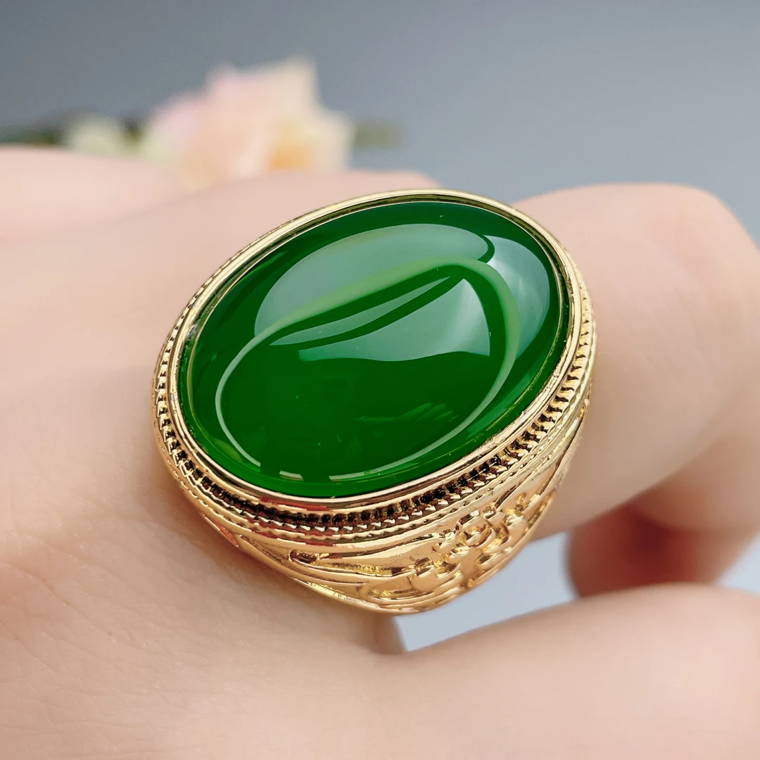 玛瑙玉髓男士戒指满冰绿鸽子蛋镀金男活口戒指时尚大气戒圈B2-1