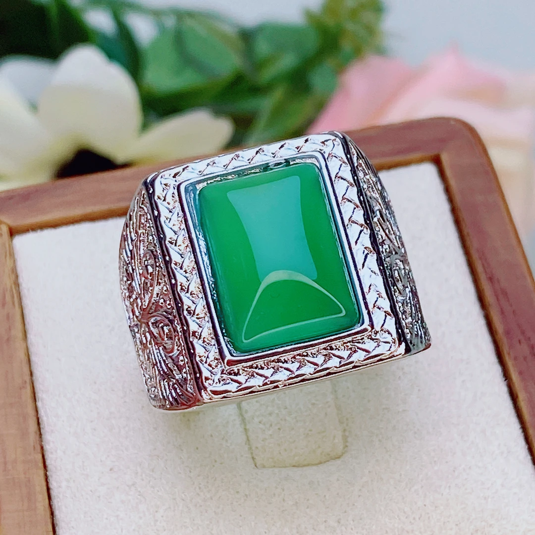 冰阳满绿玛瑙玉髓男士大方戒指戒子简约大气时尚百搭男女戒B4-1