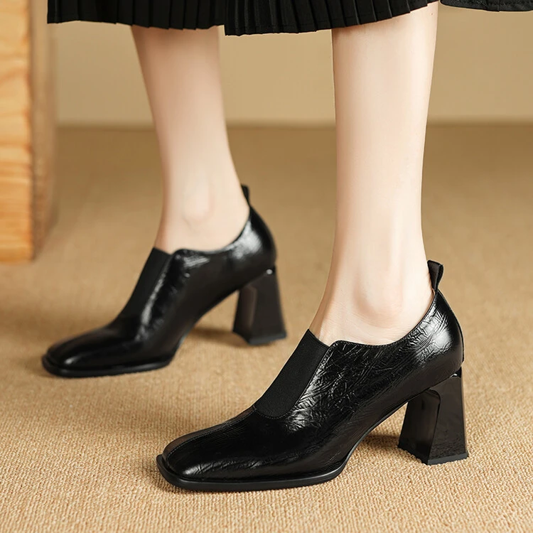 牛皮7cm春秋法式百搭复古粗跟方头深口简约气质时尚百搭通勤单鞋