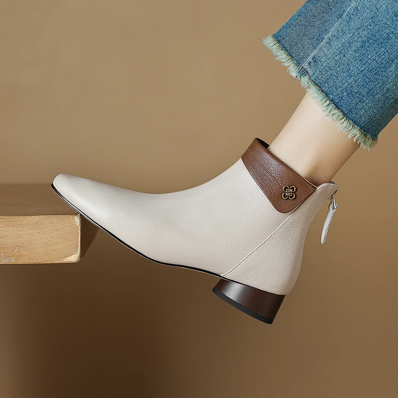 羊皮3公分/复古拼接休闲短靴粗跟软底秋冬款及踝靴女靴洋气瘦瘦靴