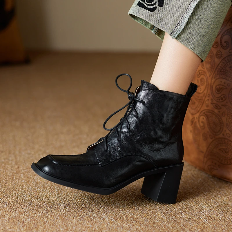 羊皮6.5公分34-40码，秋冬复古方头英伦风马丁靴粗跟系带中跟百搭