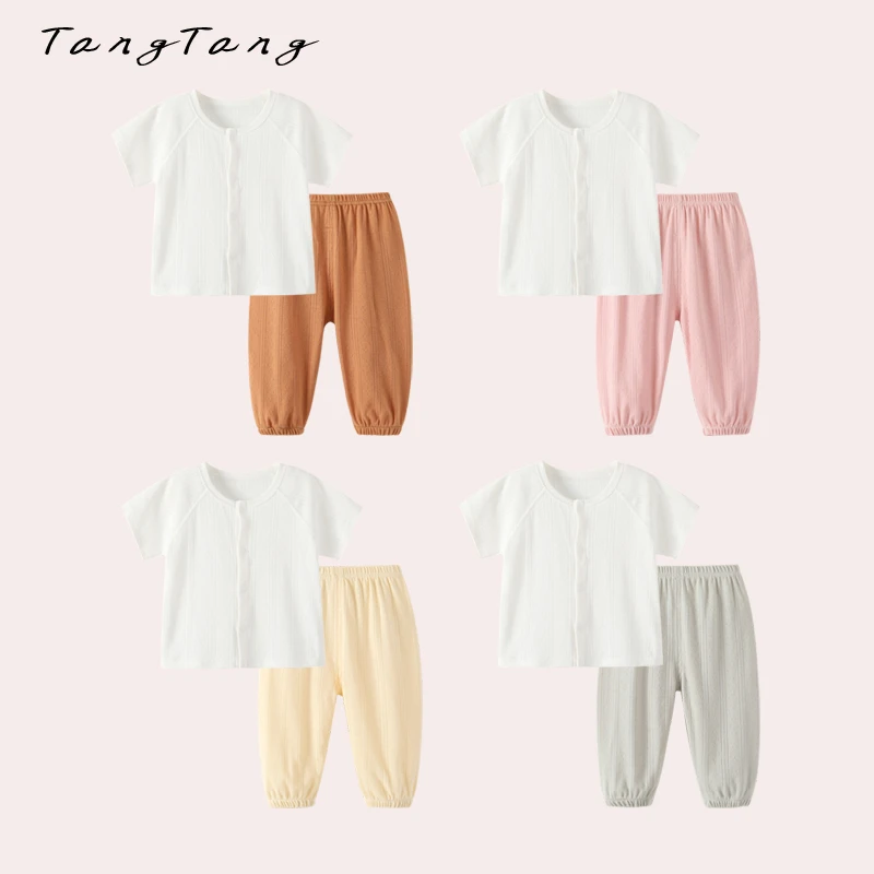 宝宝纯棉短袖短裤套装夏季薄款透气网眼小童全棉半袖外出婴儿衣服