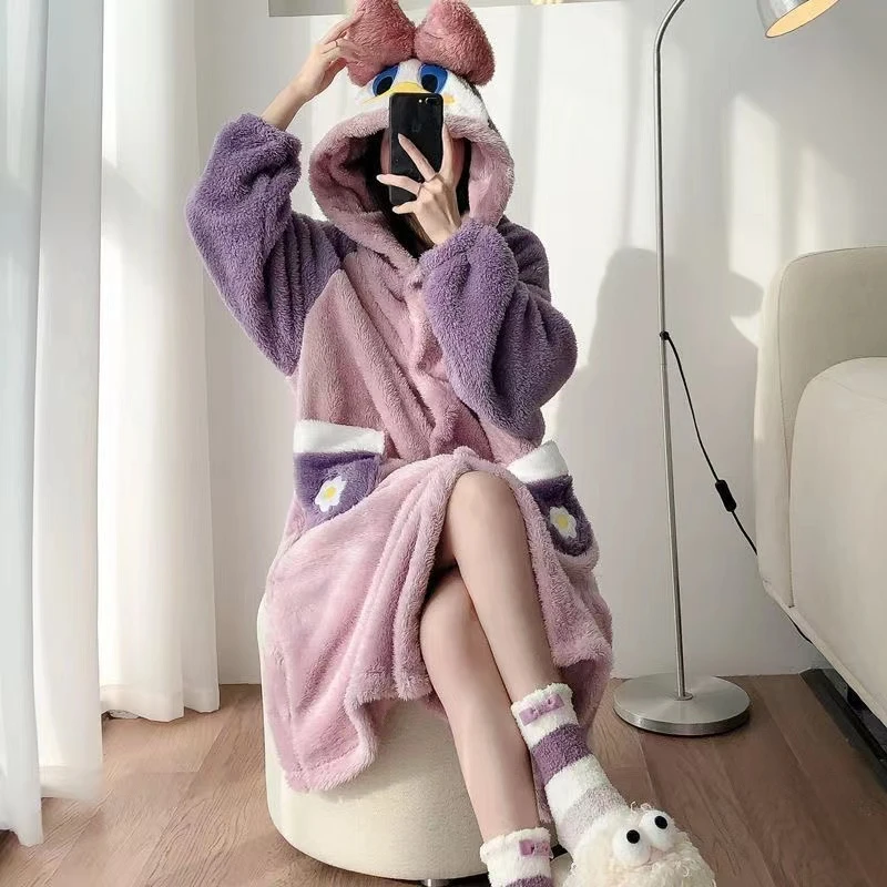 【可爱鸭】睡衣女冬加绒加厚中长款睡袍珊瑚绒睡衣网红外穿可爱