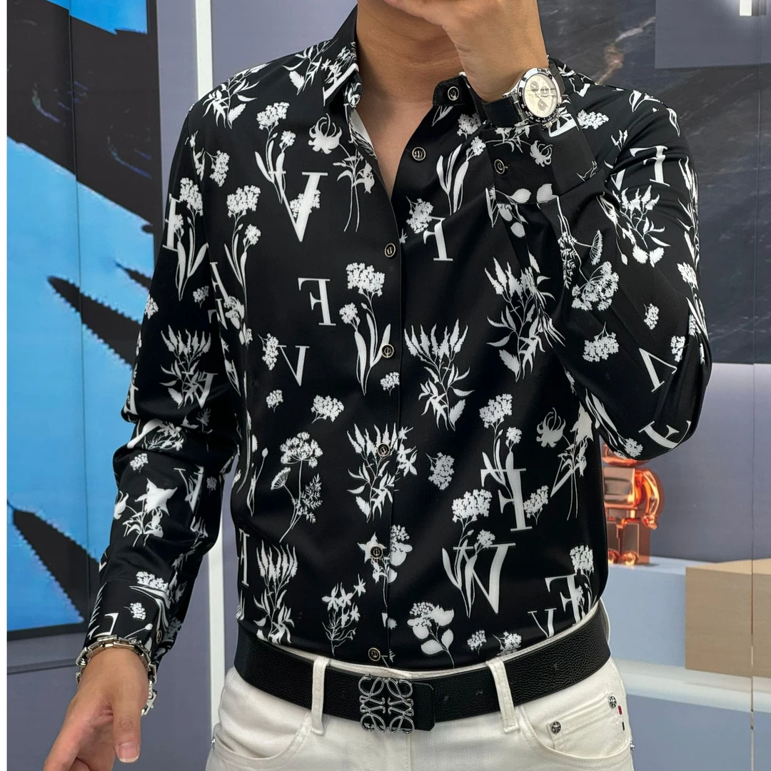 2024年秋季新款男士高品质弹力潮流休闲百搭大气印花长袖衬衫