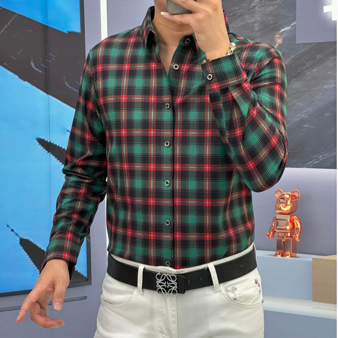 2024年新款秋季高品质弹力免熨烫无痕潮流格子印花款长袖衬衫9580