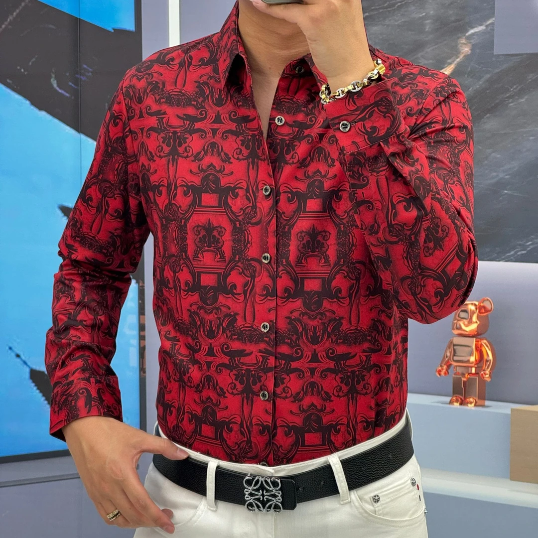 2024年新款秋季高品质弹力免熨烫无痕时尚潮流印花款长袖衬衫9585