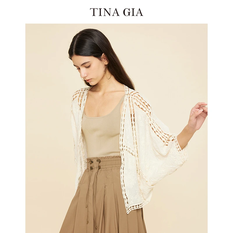 辛小北专属 TINA GIA天纳吉儿2024新品镂空设计拼接蛋形廓形开衫T