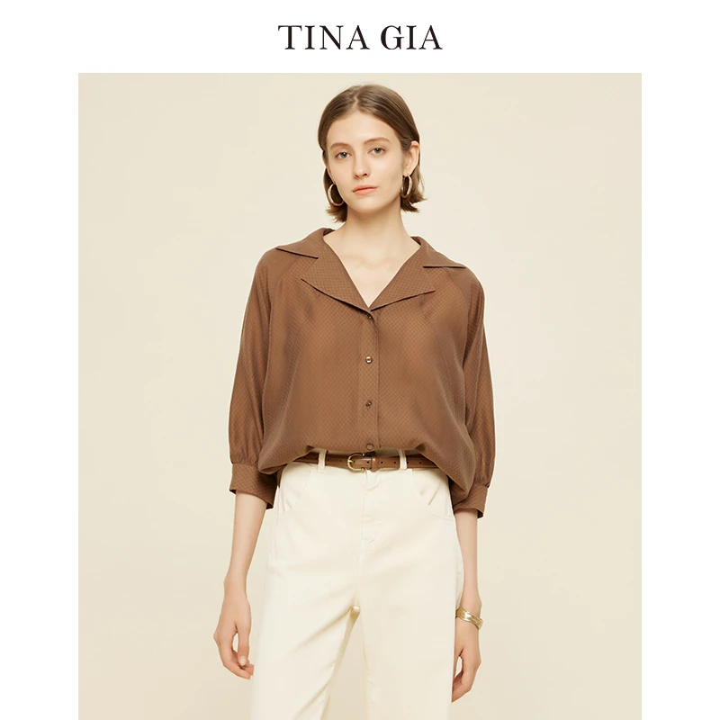 辛小北专属 TINA GIA天纳吉儿2024夏肤廓形插肩袖翻驳领上衣衬衫T