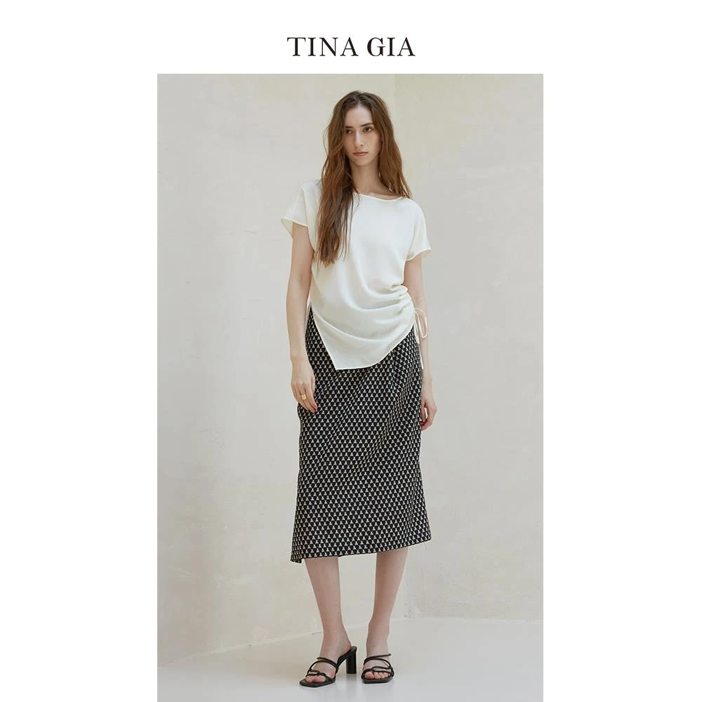 辛小北专属 TINA GIA天纳吉儿夏季新款垂感光泽简约宽松抽褶上衣T