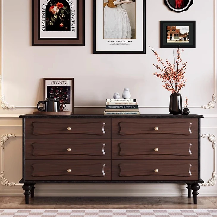 法式复古实木斗柜抽屉柜客厅电视柜玄关柜美式黑色餐边柜储物柜