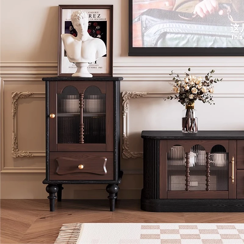 法式复古实木餐边柜简约储物柜美式客厅边柜靠墙玻璃门小酒柜家用