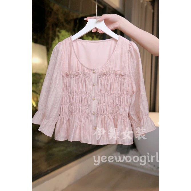 【伊舞】[现货]温柔风显瘦气质森系2025新款开衫轻奢收腰衬衫上衣