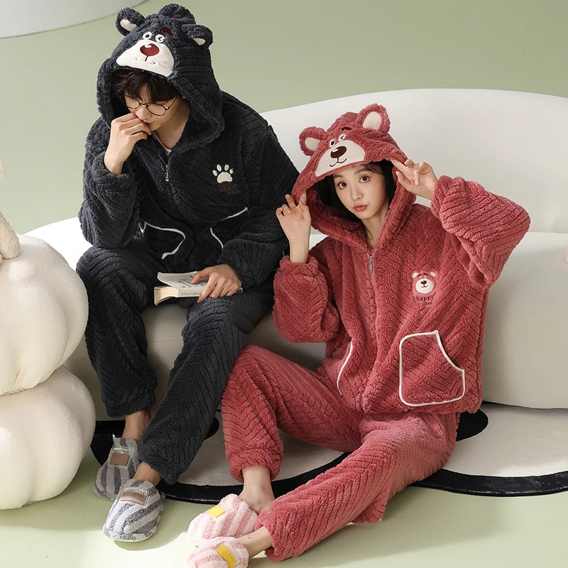 情侣睡衣女秋冬季2023年新款拉链连帽珊瑚绒男士冬天法兰绒家居服