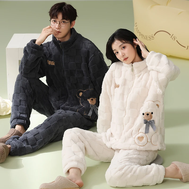 情侣睡衣加绒拉链女秋冬季2023年新款珊瑚绒男士冬天法兰绒家居服