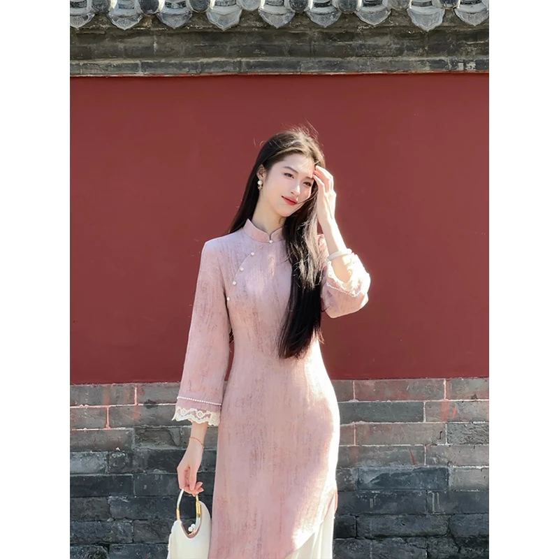 凌茜恣禾【潼瑜】新中式国风复古温婉提花缎面假两件显瘦收腰旗袍裙