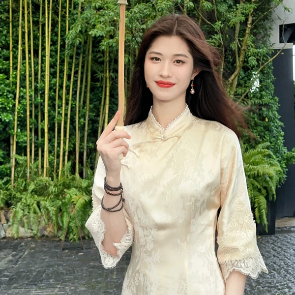 凌茜  恣禾【思潼】早秋复古新中式中国风提花倒大袖显瘦旗袍连衣裙