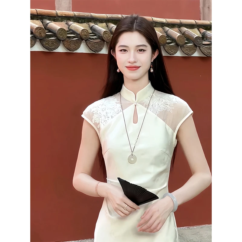 凌茜 恣禾 新中式【安如】夏季中国风植绒提花拼接开衩显瘦旗袍裙子