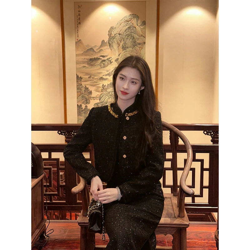 凌茜恣禾【清韵】新中式国风复古小香风蝴蝶旗袍裙圆领毛边外套上衣