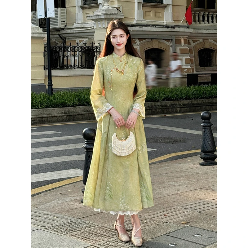 凌茜【清莺】早秋新中式国风复古印花修身花边氛围感立领显瘦旗袍裙