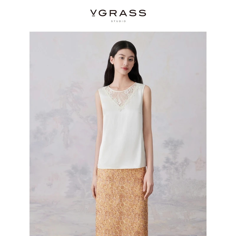 VGRASS维格娜丝24年夏季新款桑蚕丝蕾丝拼接打底背心女DSX4P29202