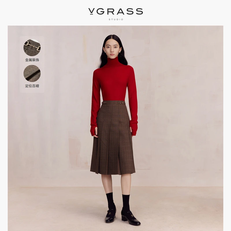 VGRASS维格娜丝秋季新款百褶复古威尔士亲王格半身裙女DSB2O4Z880