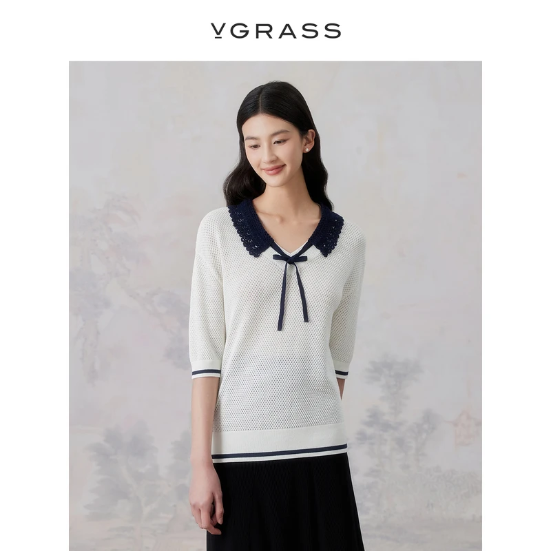 【晨粉专享】VGRASS【雅丹风】短袖针织衫女士轻熟花边领VZZ3O20520