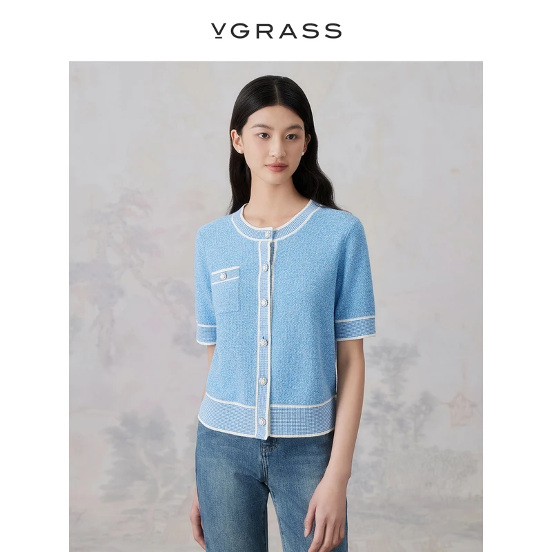 【晨粉专享】VGRASS夏季新款撞色小香风蓝色短袖针织开衫VZO1O21660