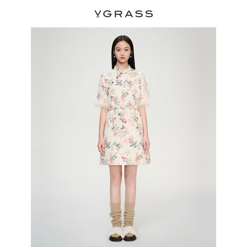 【羊羊专属】VGRASS复古新中式盘扣短袖连衣裙女冬新款VSL2O43730