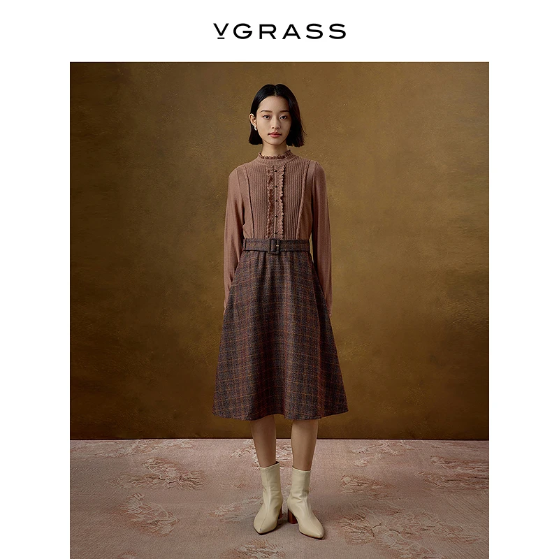 【妍妍专享】VGRASS24年冬新款针梭镶拼假两件气质连衣裙DXL4P41300