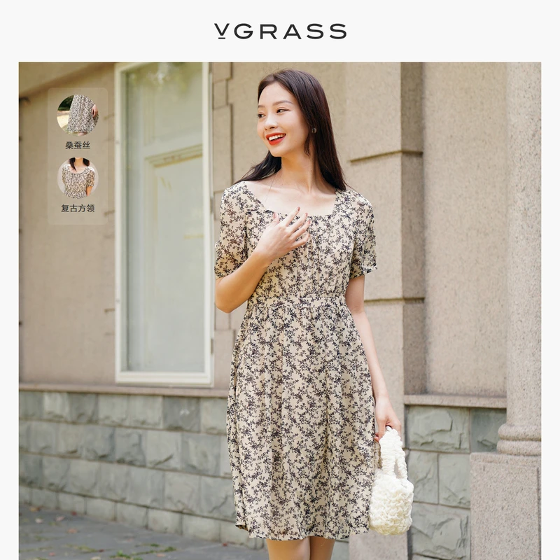 VGRASS维格娜丝复古方领收腰连衣裙夏季新款短袖碎花裙VSL2O22940
