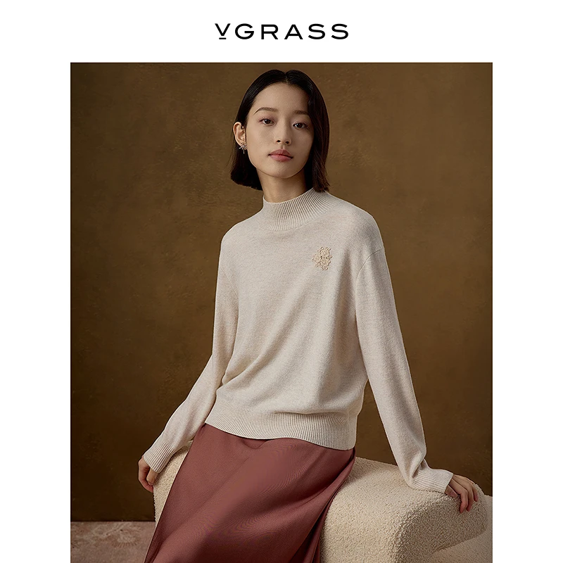 【羊羊专属】VGRASS局部花型刺绣针织衫冬季新款绵羊毛小高领上衣