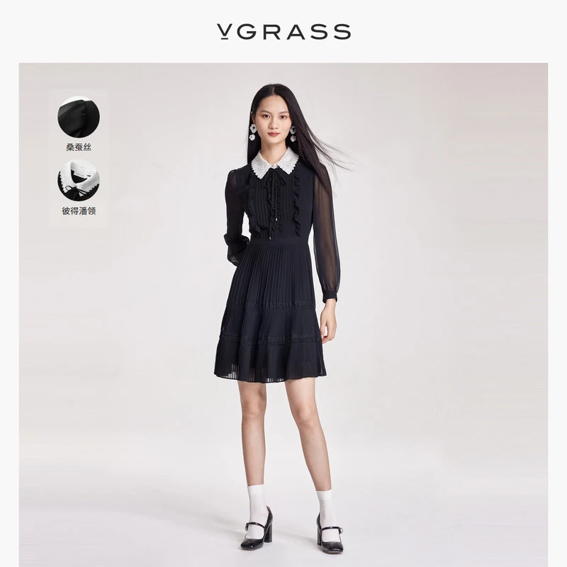VGRASS维格娜丝【雅丹风】春季长袖彼得潘领连衣裙女VSL2O11980