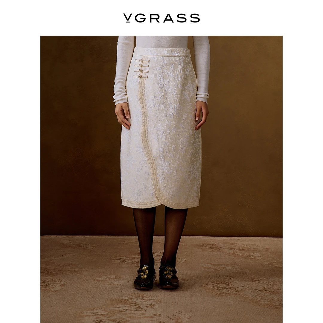 【妍妍专享】VGRASS24冬新款中式风格提花不规则门襟半裙DSB2P40470