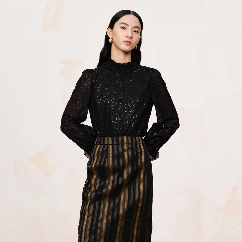 【晨粉专享】VGRASS冬新款气质双层蕾丝亮片泡泡袖衬衫女DSC3O4Z002