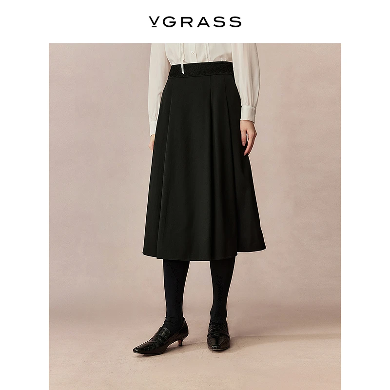 VGRASS维格娜丝冬季新款叠褶宽腰头长半裙DSB2P4098Z