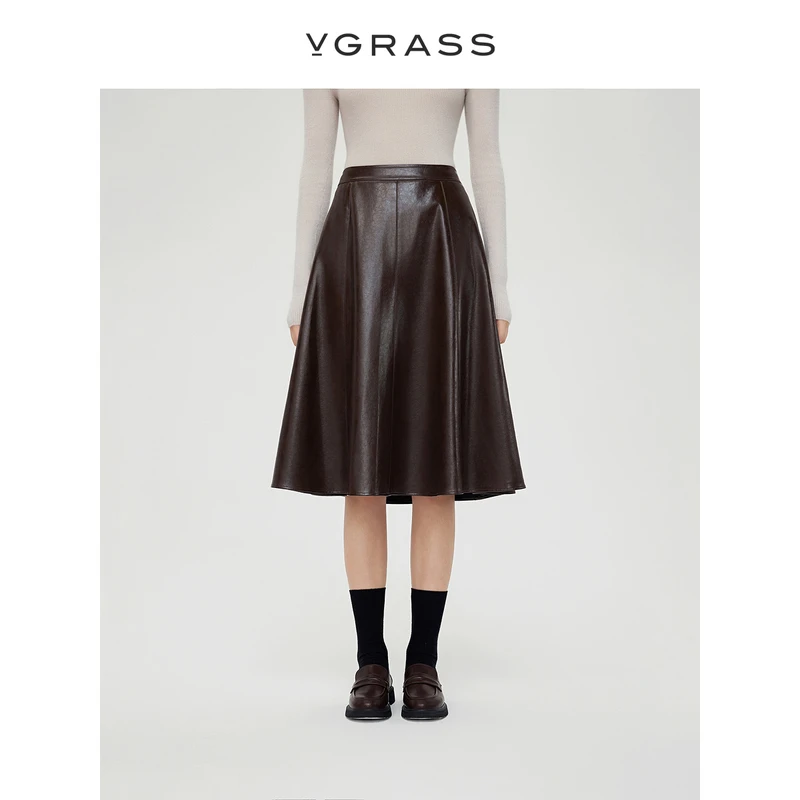 VGRASS法式复古pu皮A字半身裙冬季新款可可棕高腰半裙VSB2O42840