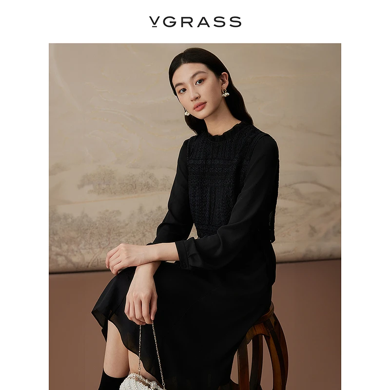 VGRASS无袖针织衬衫式连衣裙新款针织背心蕾丝小黑裙VSL2P3584D