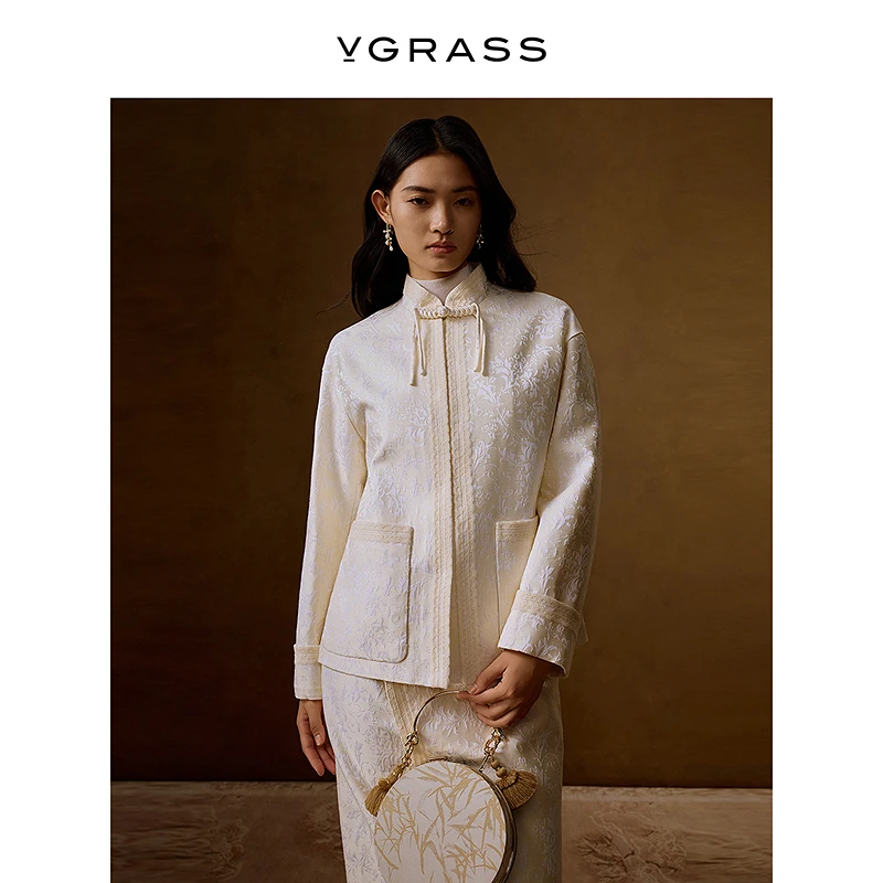 VGRASS维格娜丝冬季新款中式风格提花手工盘扣短外套DSW3P40460