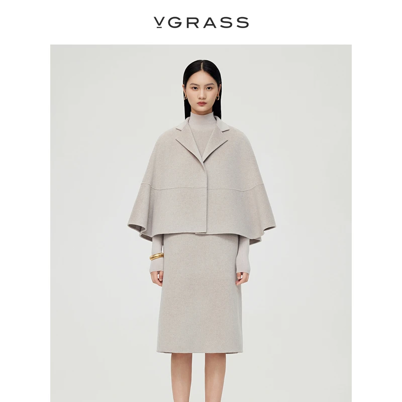 VGRASS羊毛真丝斗篷毛呢大衣冬季新款双面呢毛呢外套VSD1O42860