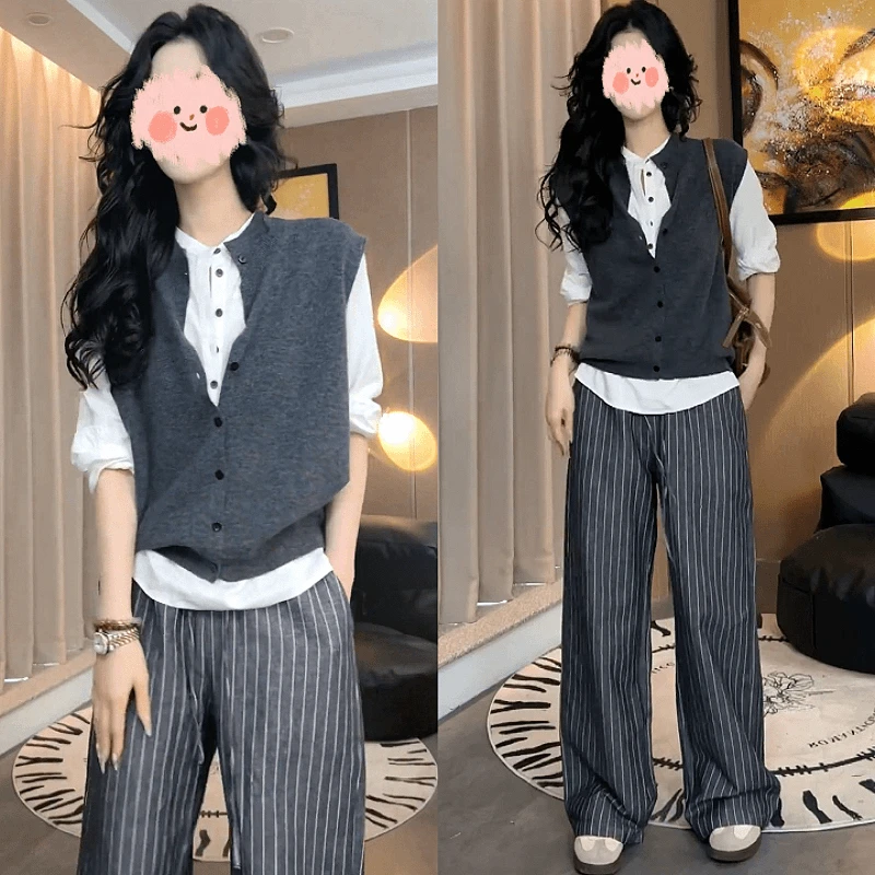 欧洲站早秋新款时尚洋气针织马甲+长袖+条纹阔腿裤三件套套装女装