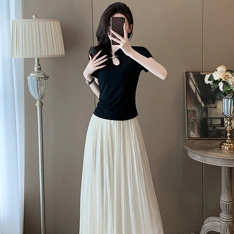 新中式时尚套装女夏季洋气减龄盘扣上衣高腰冰丝裙裤阔腿裤两件套